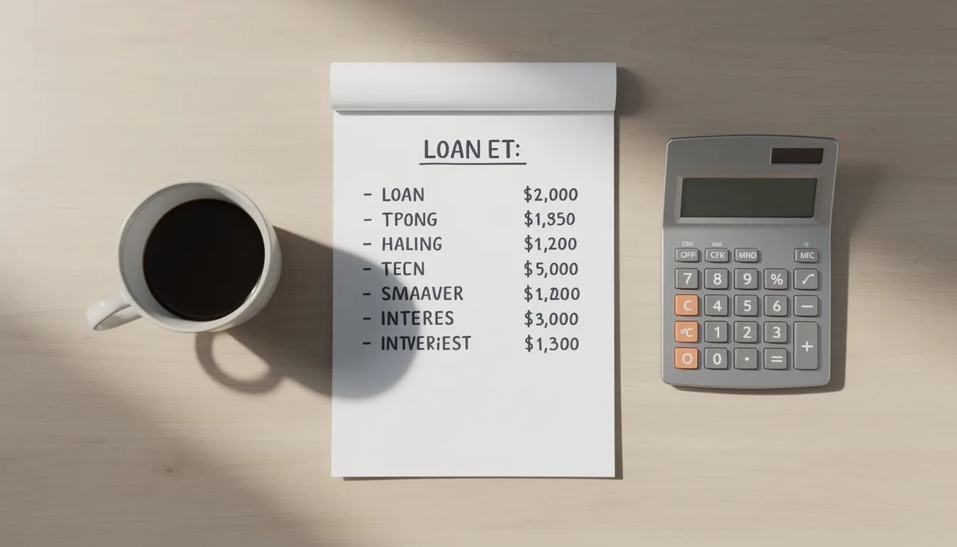 Organized desk with loan notes and calculator for budgeting planning
