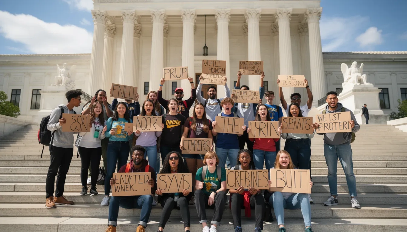 College students gathered outside a government building for an advocacy event