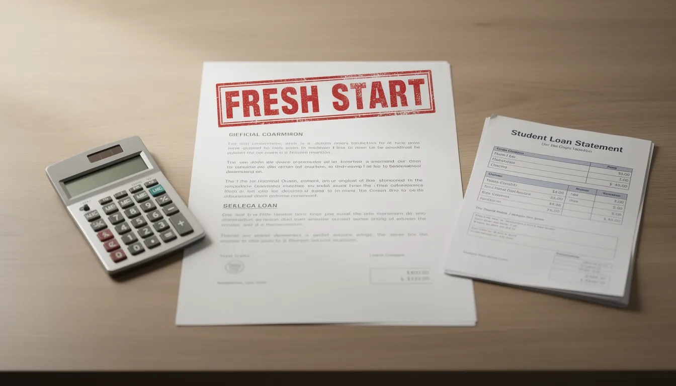 Government document stamped Fresh Start next to a student loan statement and calculator