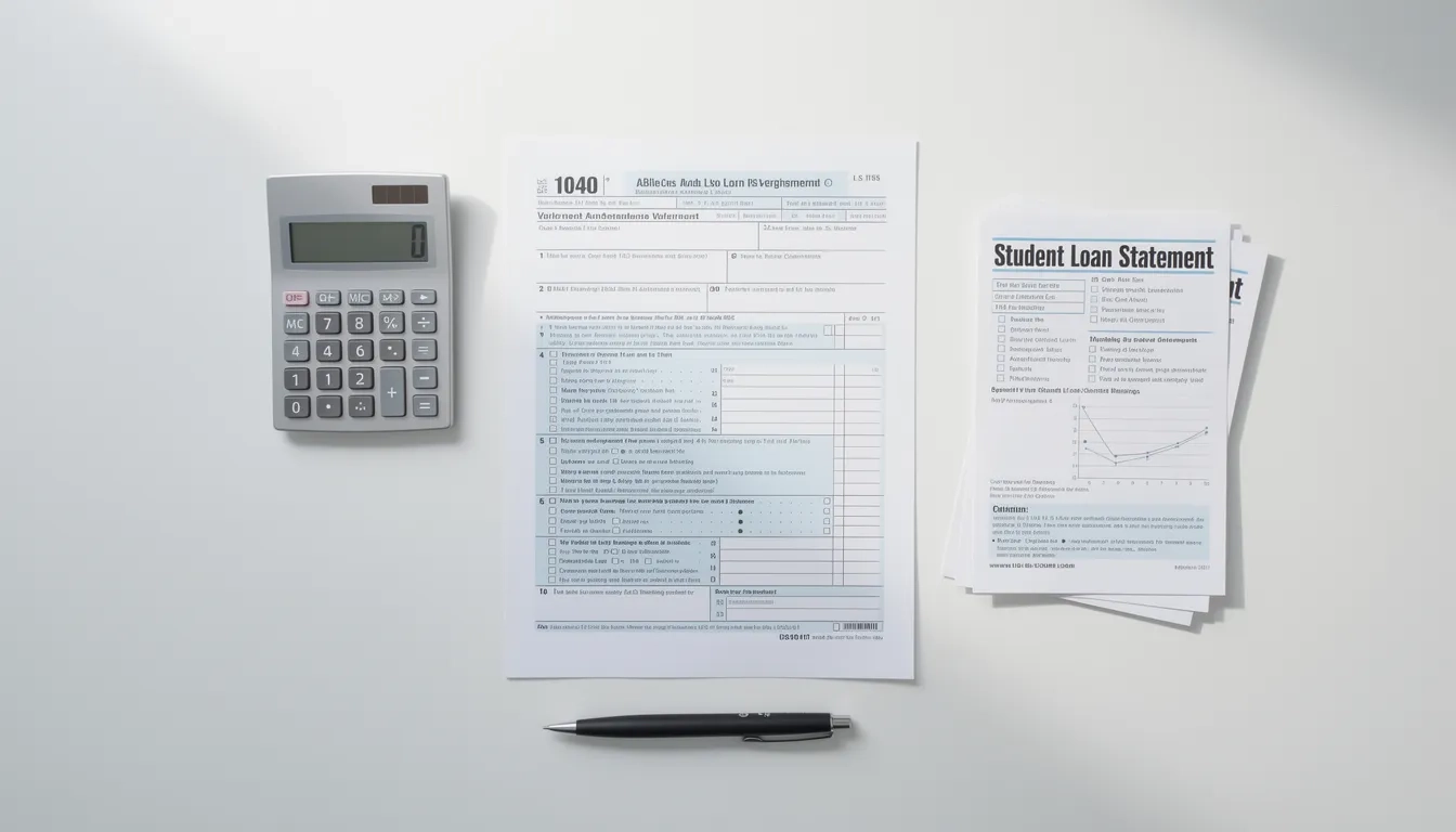 1040 tax form with calculator and student loan documents on a desk