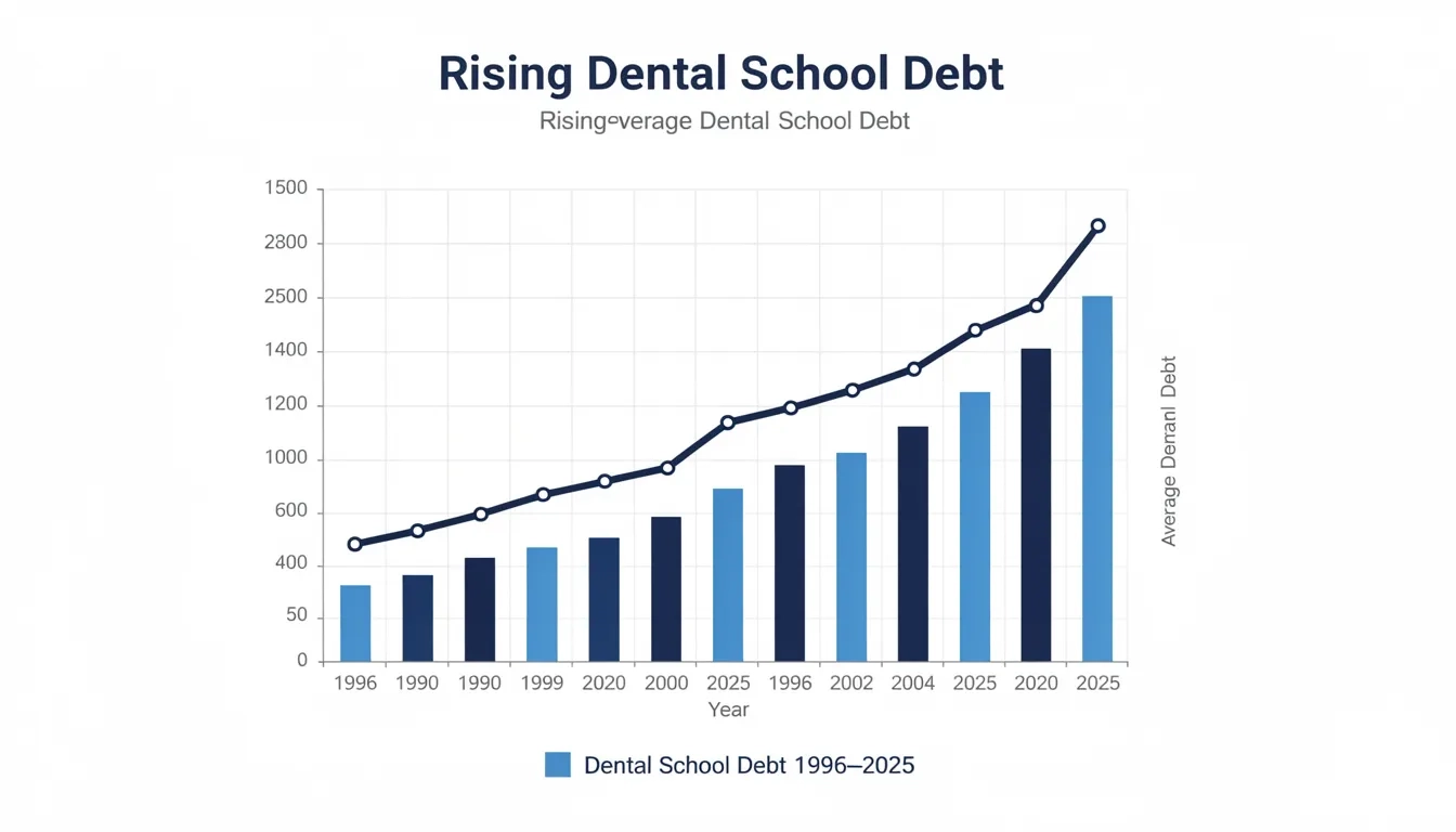Chart showing dental school debt increasing from 1996 to 2025