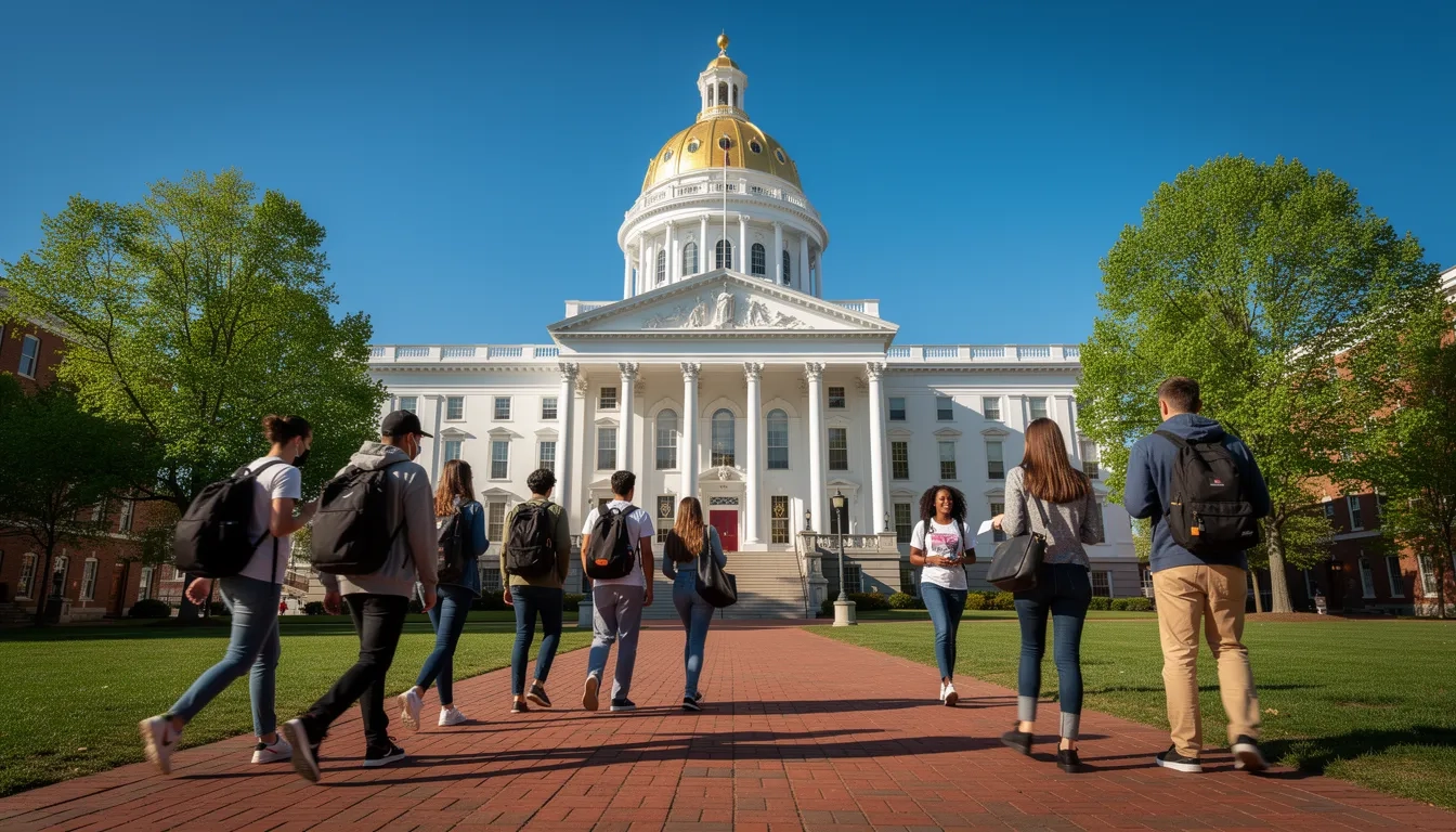 New Hampshire State Capitol building with college students in the foreground