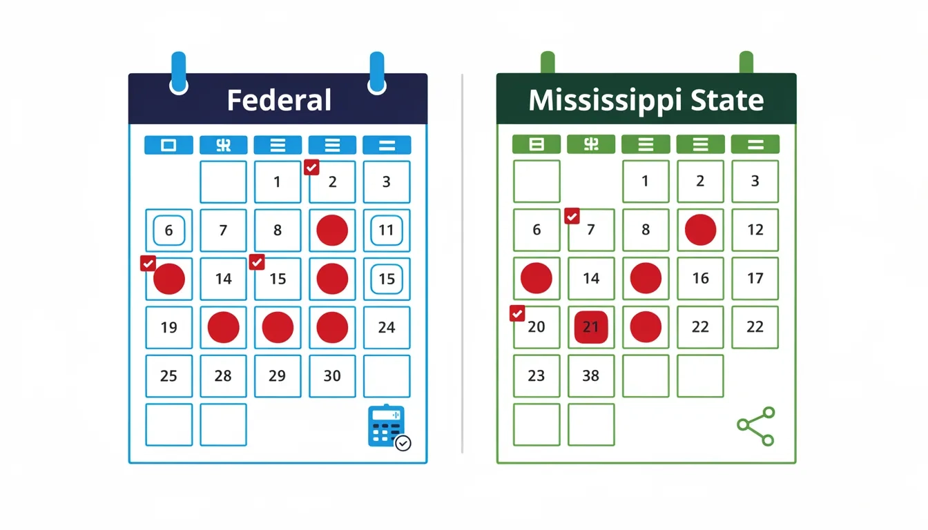 Two calendars showing federal and Mississippi state financial aid timelines running on different schedules