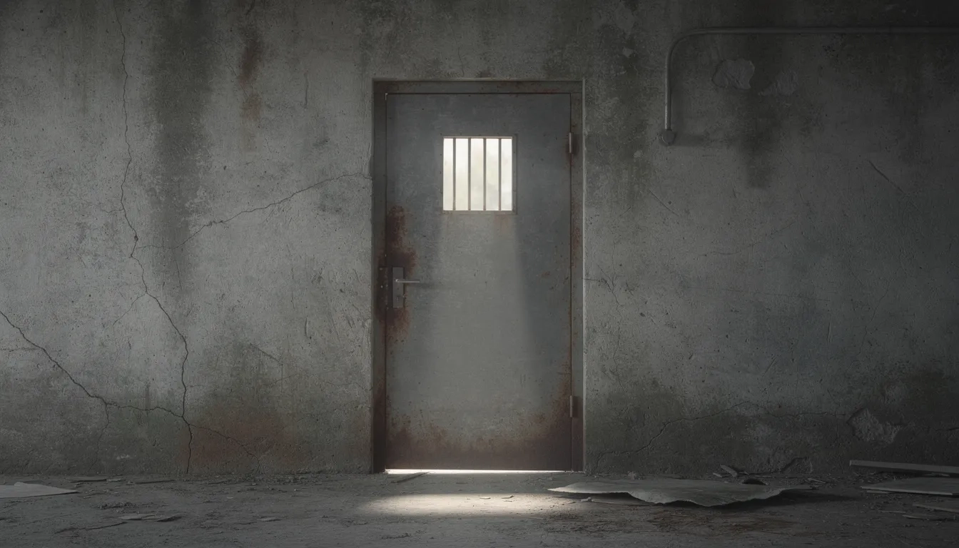Closed metal door in a concrete wall symbolizing blocked federal aid access