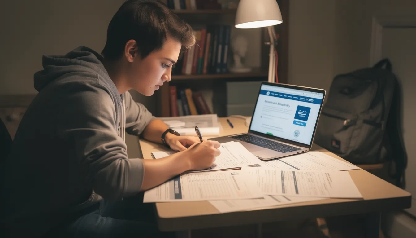 College student reviewing SSI financial documents at a desk