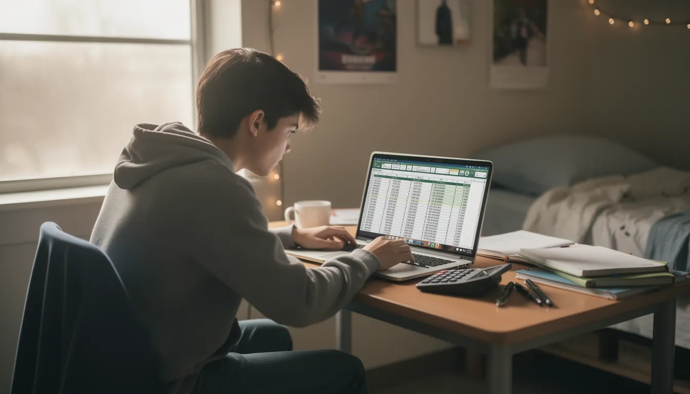 College student reviewing income and budget numbers on a laptop