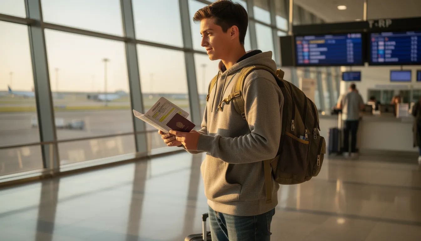 College student at airport departure gate holding passport and financial documents