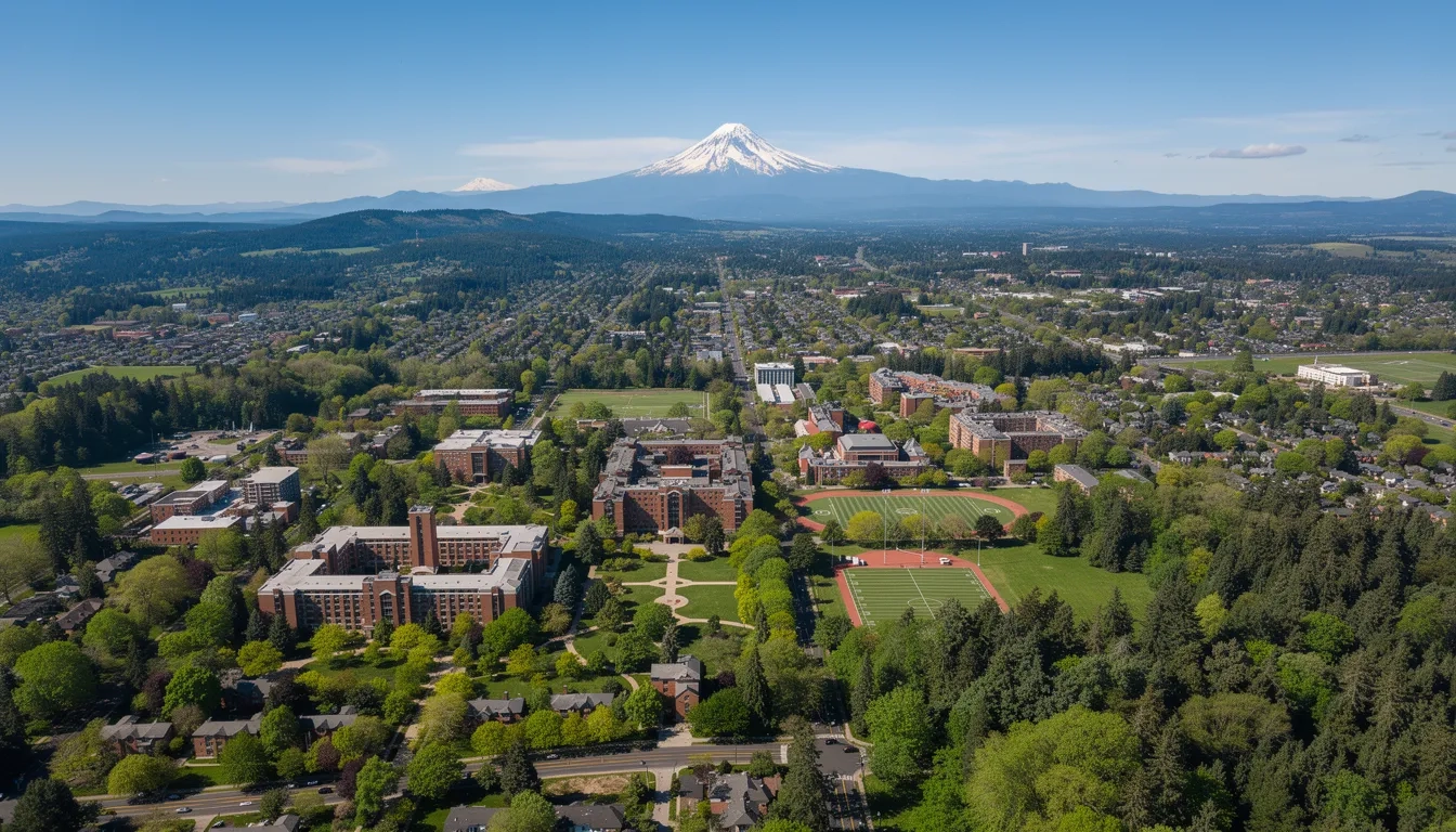 University of Oregon campus aerial view with Pacific Northwest landscape