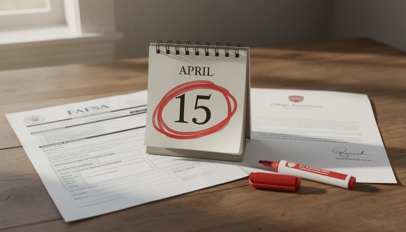 Calendar showing April 15 deadline circled in red next to FAFSA paperwork