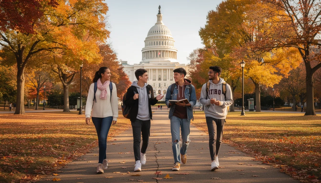 College students walking near the U.S. Capitol building during a Washington DC semester program