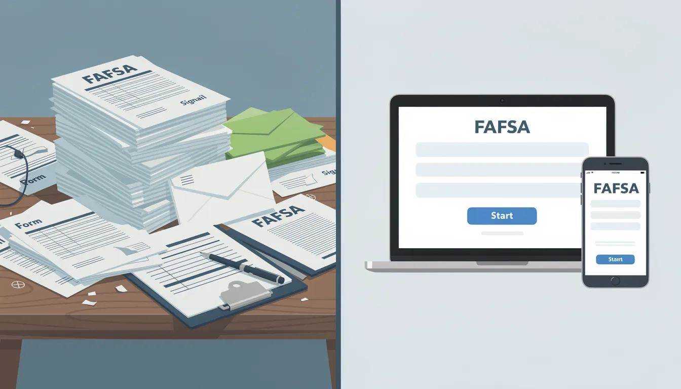 Old complex FAFSA form contrasted with streamlined digital version