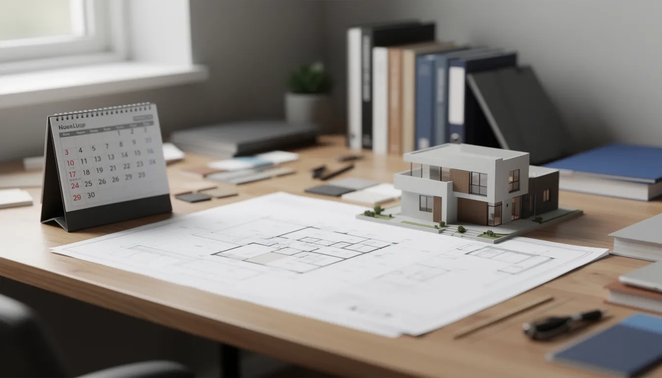 Organized workspace showing housing planning materials including architectural drawings, calendar, and building model on wooden desk