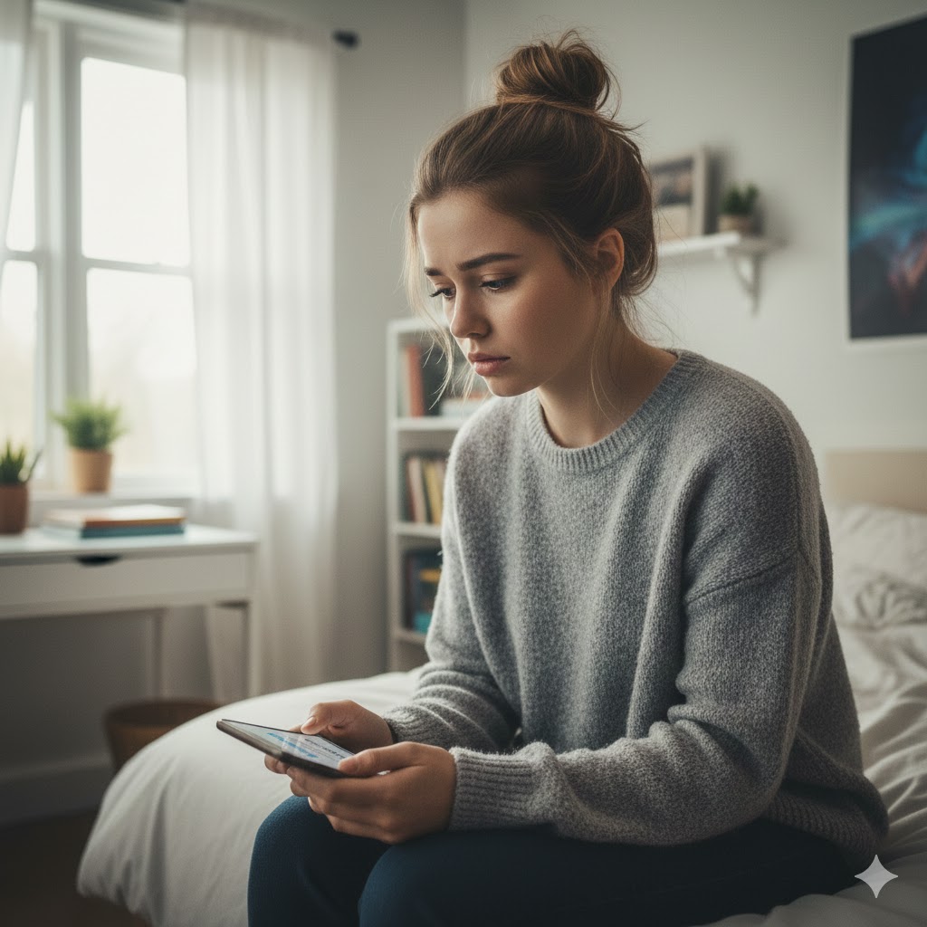 student looking at her phone and finds out she was wait-listed