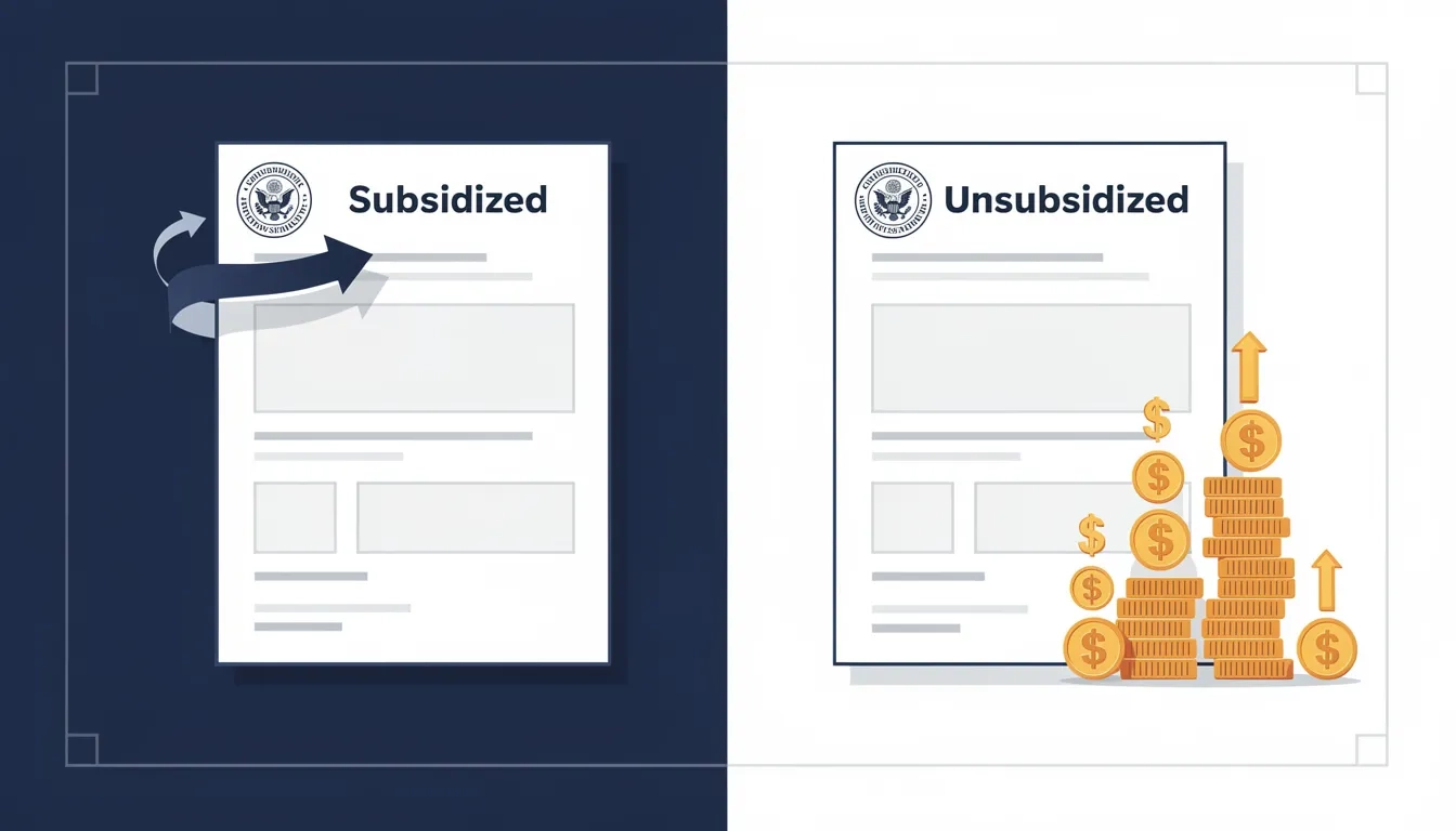Side-by-side comparison of subsidized and unsubsidized federal student loans showing who pays the interest