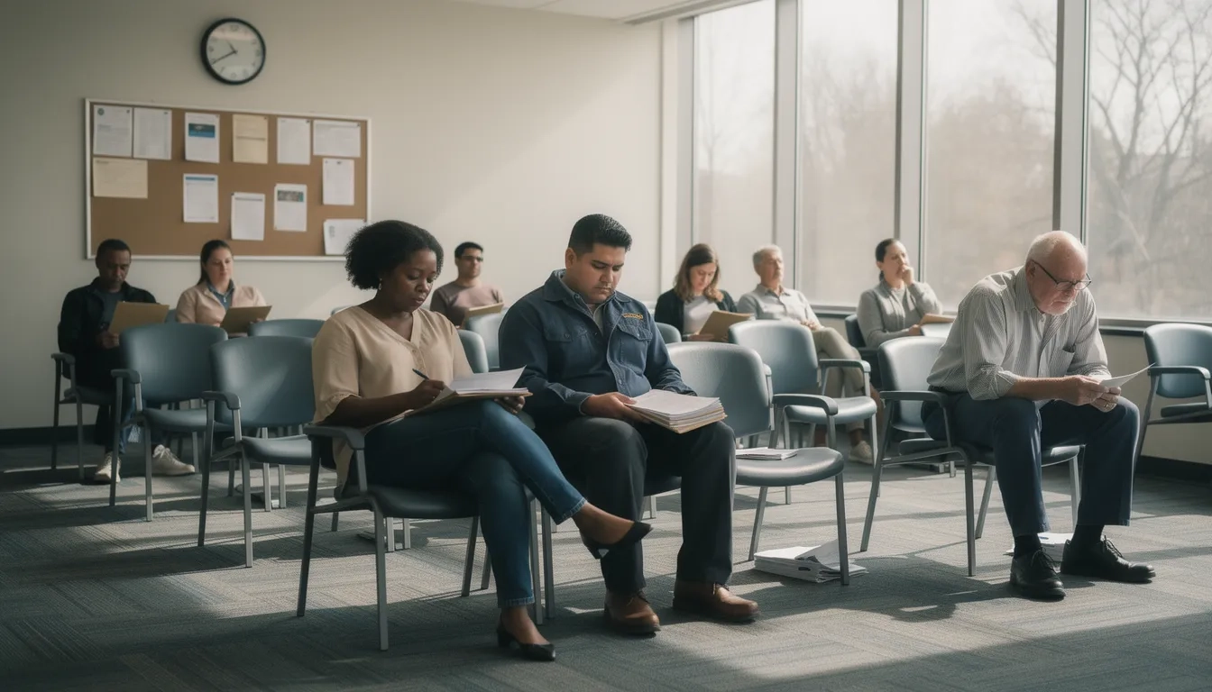 People waiting in a government assistance office with paperwork