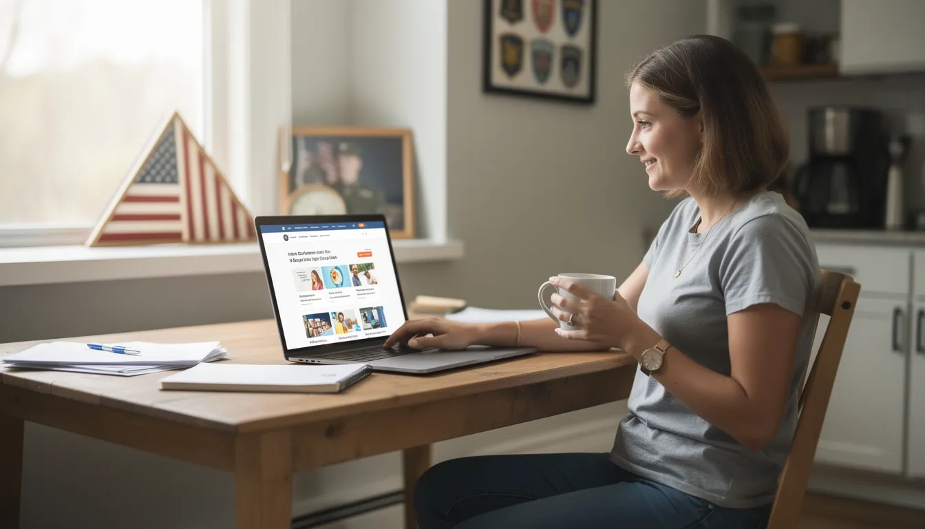 Military spouse researching education benefits on a laptop at home