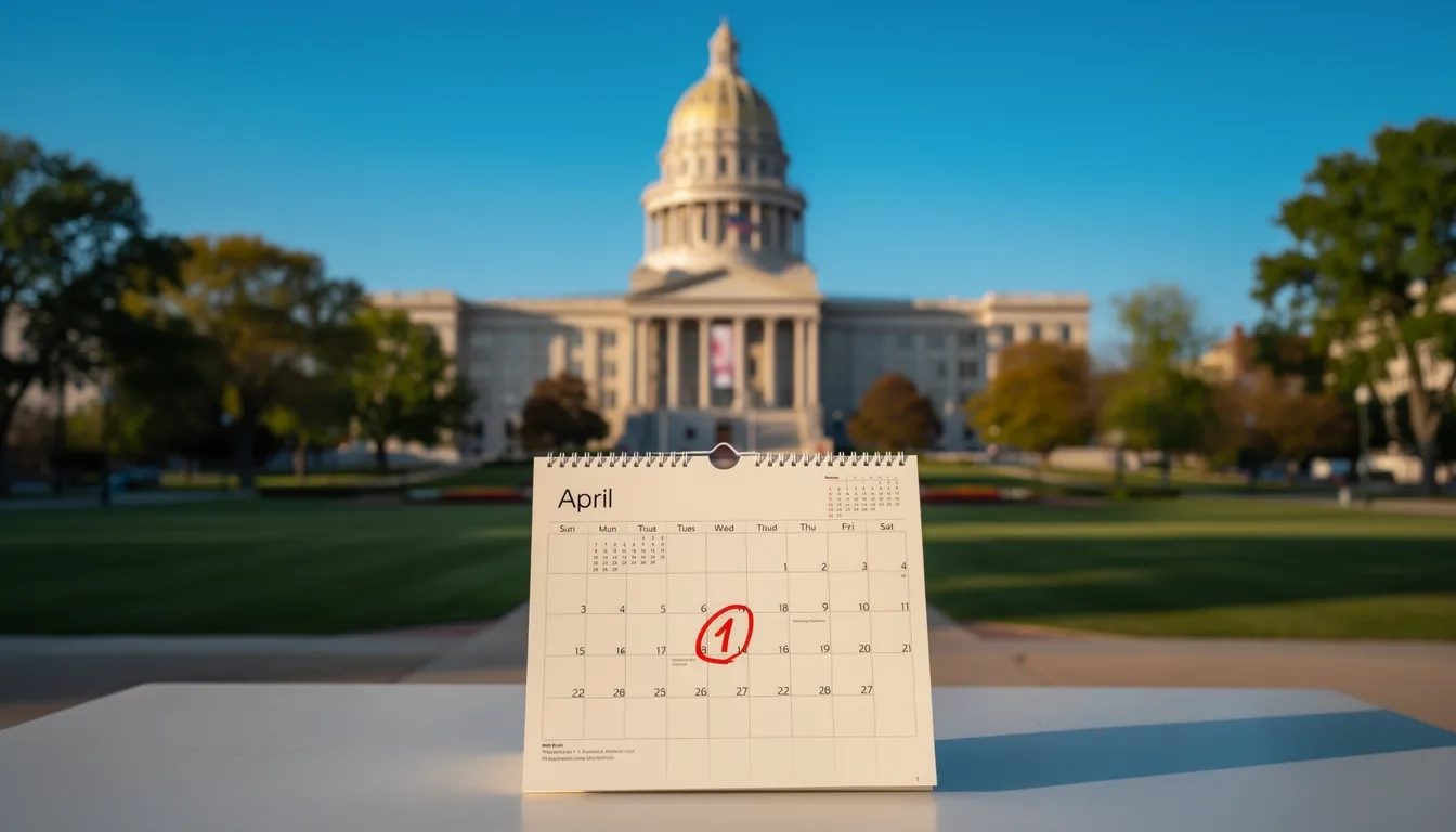 Kansas state capitol building with a calendar showing the April 1 FAFSA deadline