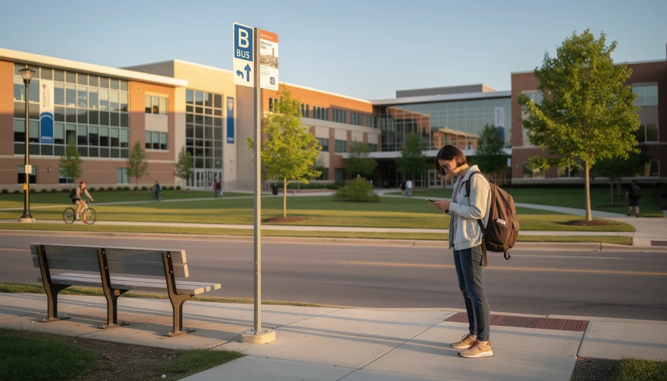 College student waiting at a bus stop near campus