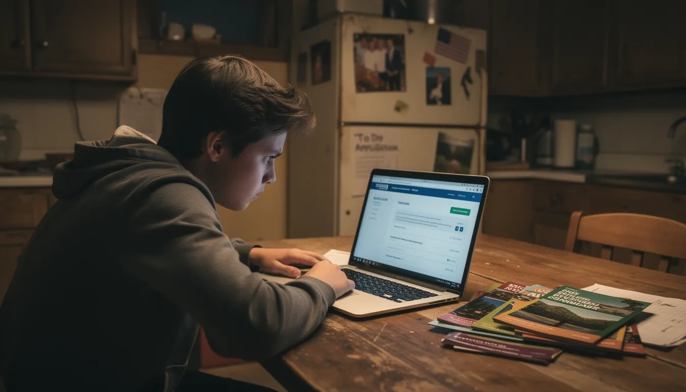 High school student stressed over college applications at home