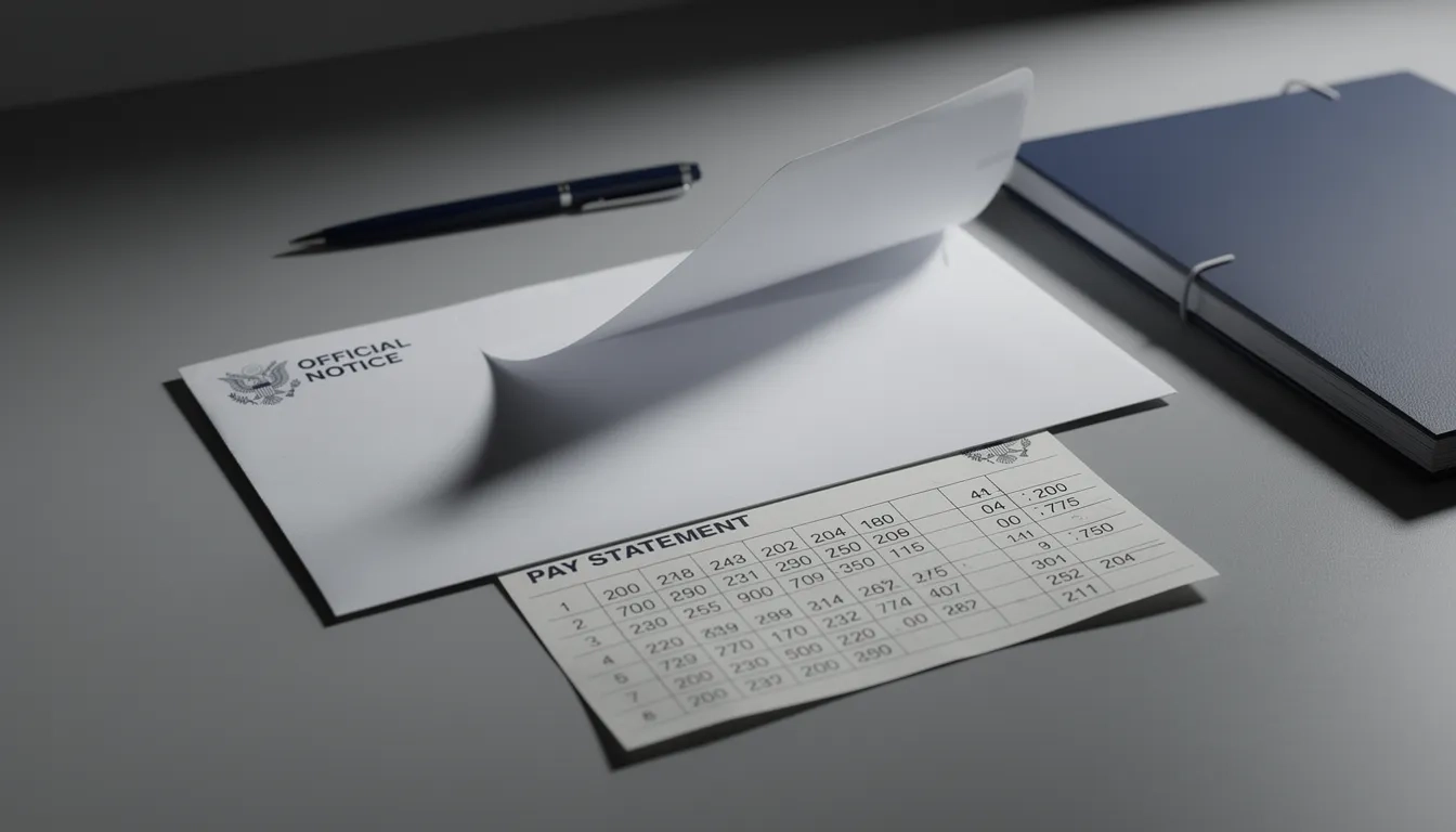 Government notice envelope on a desk with a paycheck stub