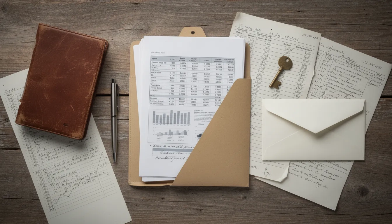 Financial aid documents and planning materials arranged on a wooden desk