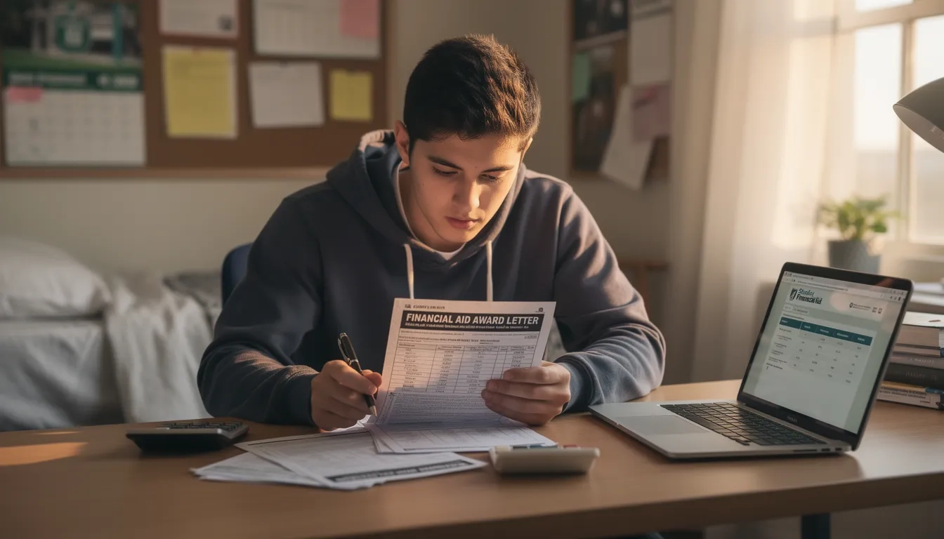 Student reviewing financial aid award letters at a desk