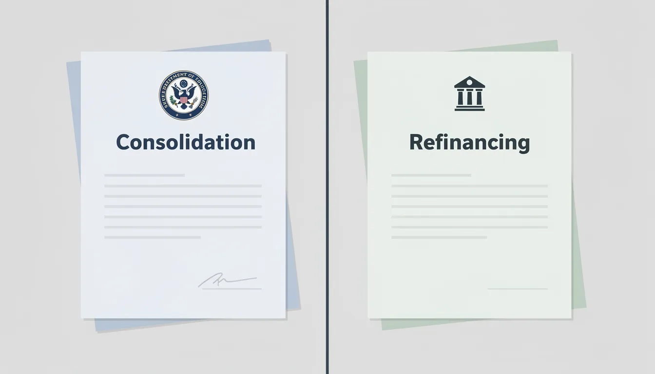 Split image showing federal loan documents on one side and a private lender refinancing agreement on the other, representing the choice between consolidation and refinancing