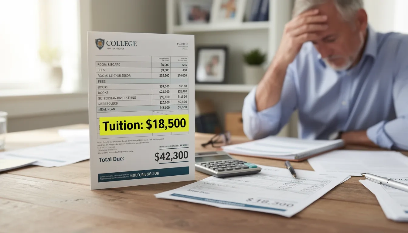 College brochure tuition figure next to a much larger actual semester bill