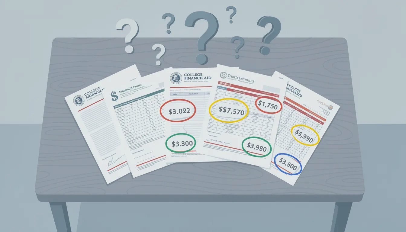 A pile of college financial aid letters with overlapping text, confusing formatting, and highlighted dollar amounts in different colors, flat illustration style