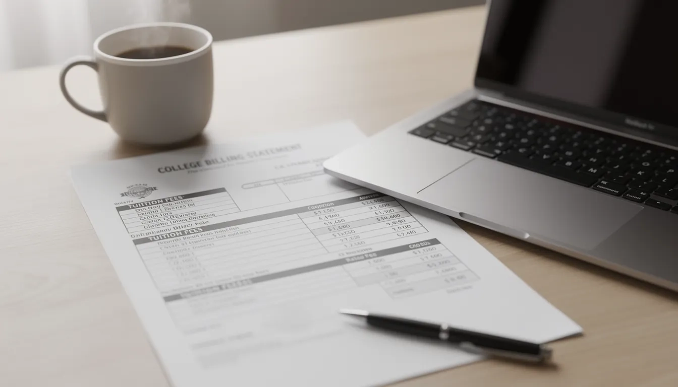 College billing statement on a desk with laptop