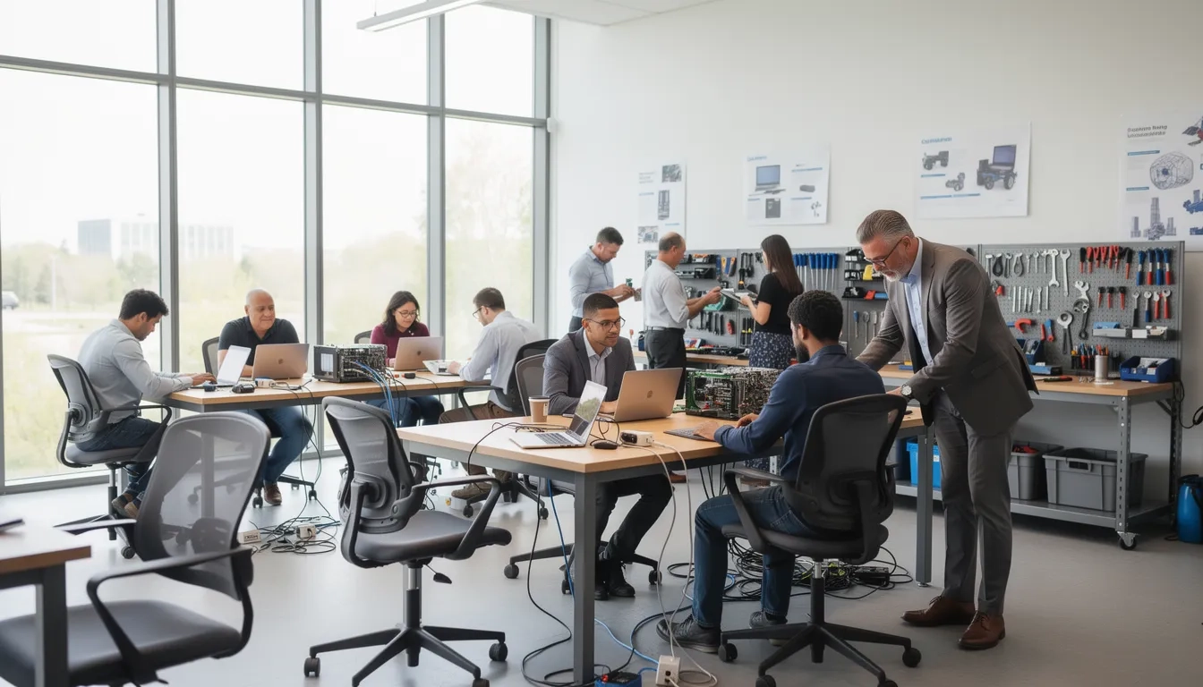 A diverse group of adults in a modern classroom setting, engaged in job training with laptops and instructors