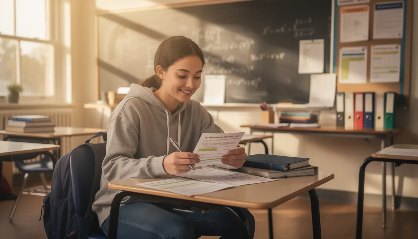College student reviewing TEACH Grant financial aid paperwork in a classroom