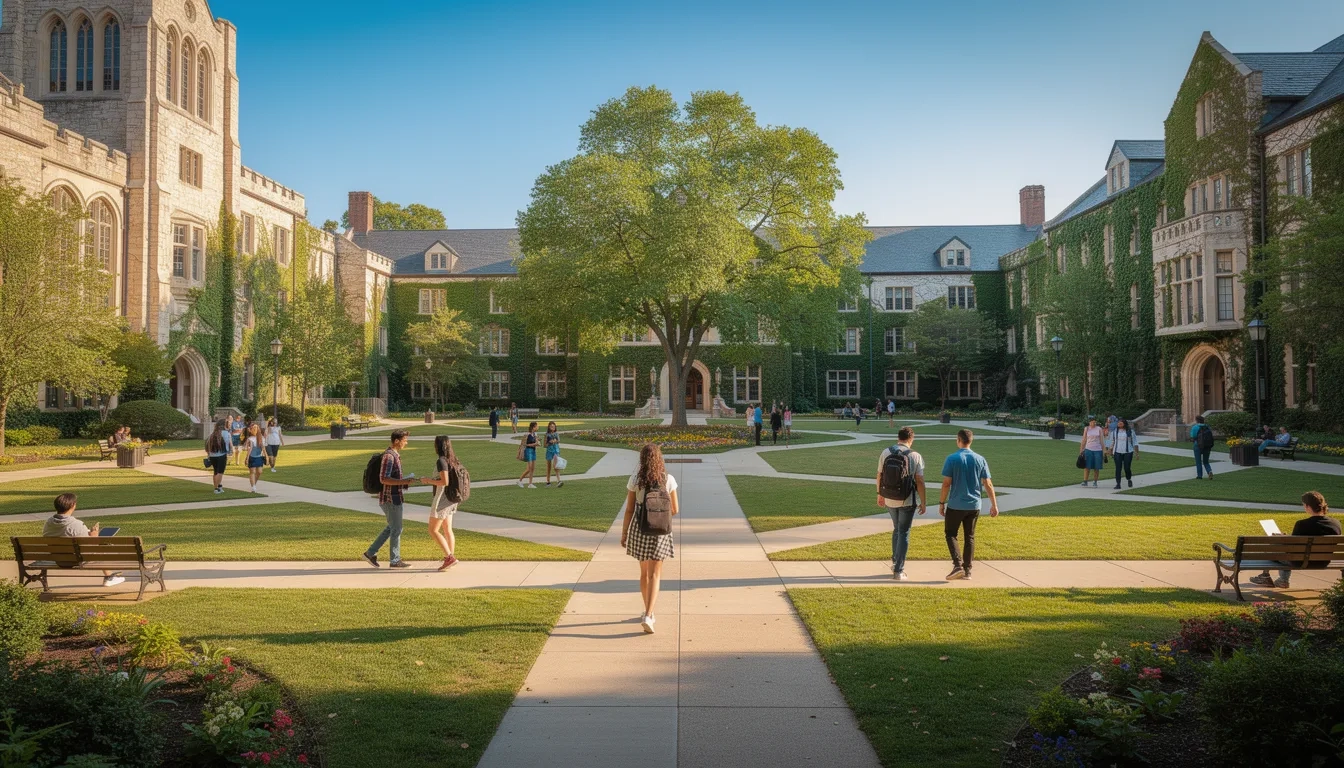 Students walking across a sunlit college campus quad with historic stone buildings in the background