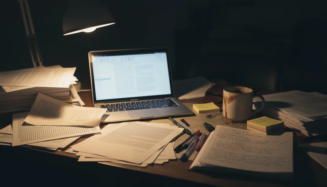 Graduate student desk with research papers representing the first semester of grad school