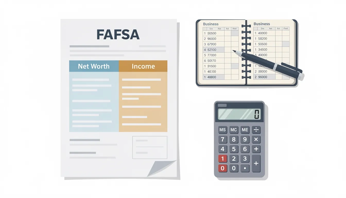 FAFSA form next to a business ledger showing net worth and income columns