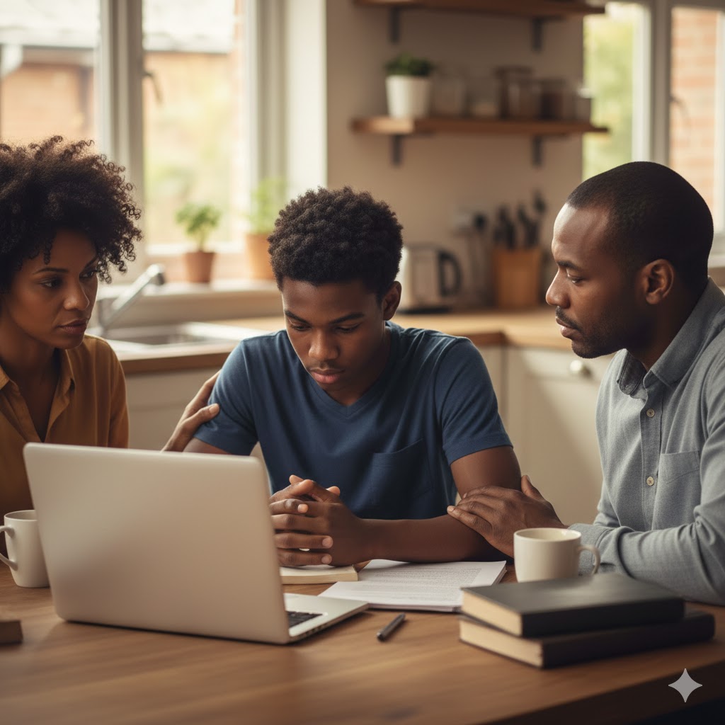 teen and parents talking about grades