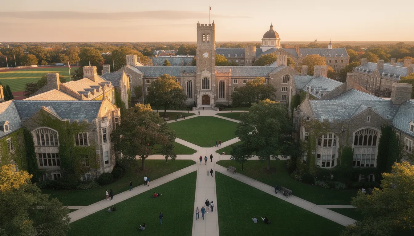 Aerial view of a university campus at golden hour