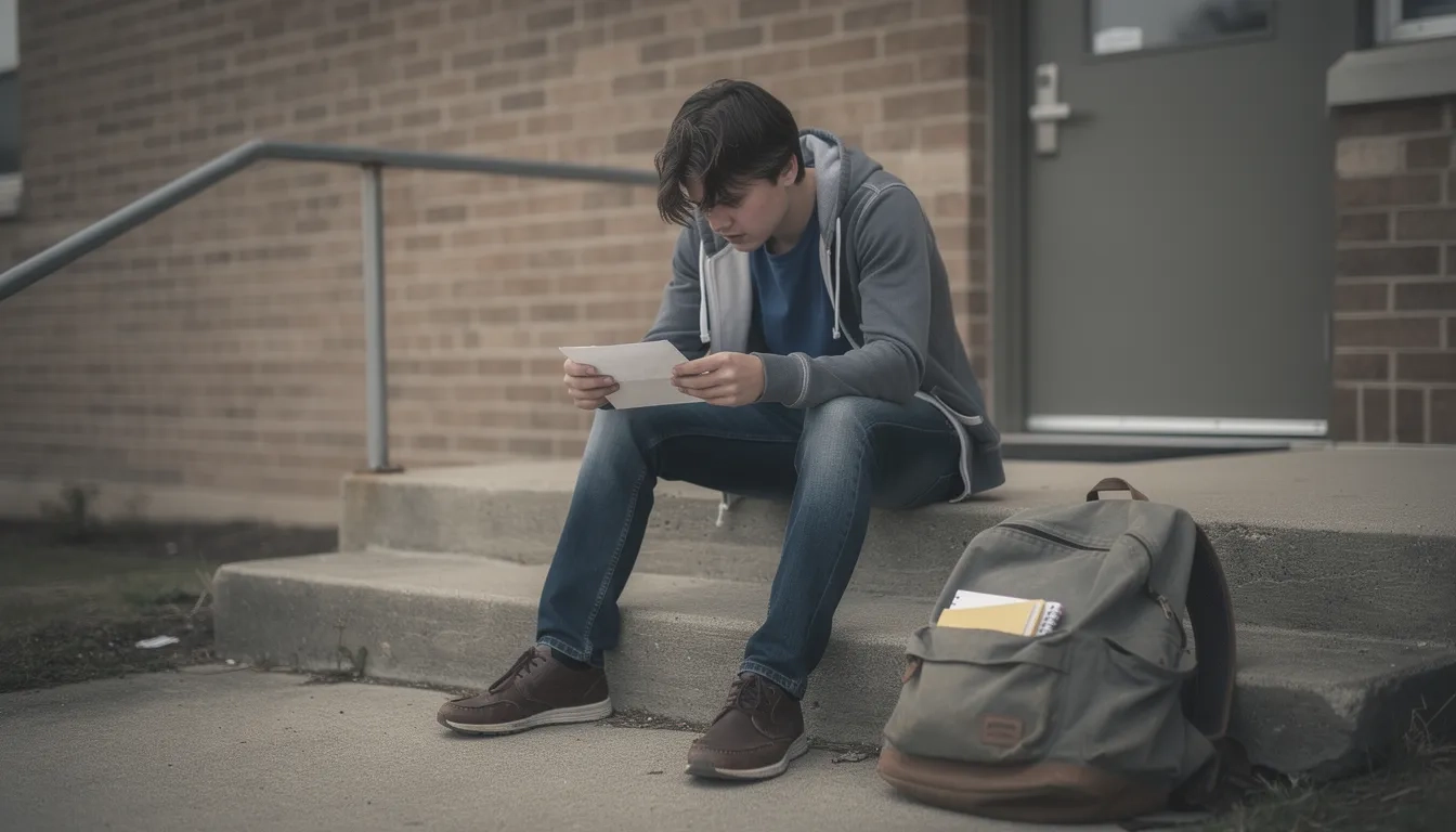 College student looking worried while holding a letter on campus steps