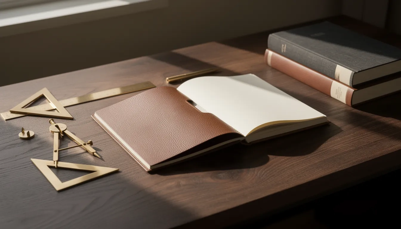Professional workspace with planning journal and strategic tools on wooden desk