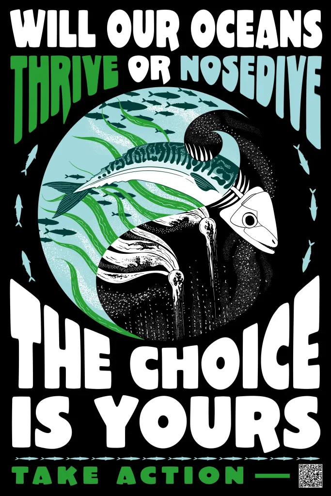 Will our oceans thrive or nosedive? The choice is yours. Take action. Illustration by Meg Mindlin @invertebabe