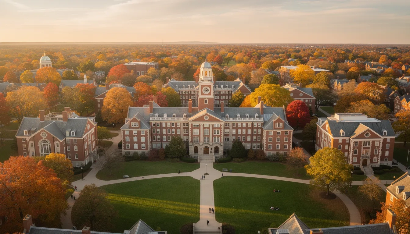 Aerial view of a classic American university campus in autumn