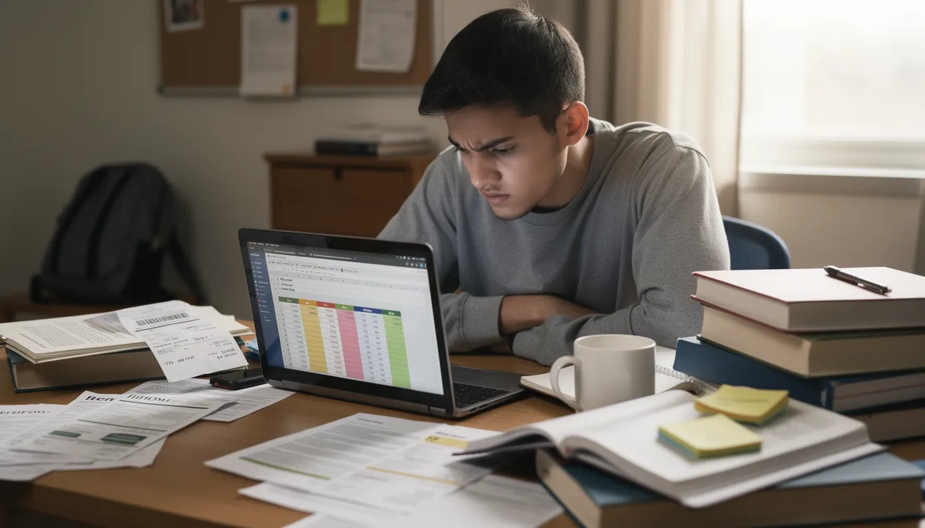 College student reviewing financial documents and budgeting on a laptop