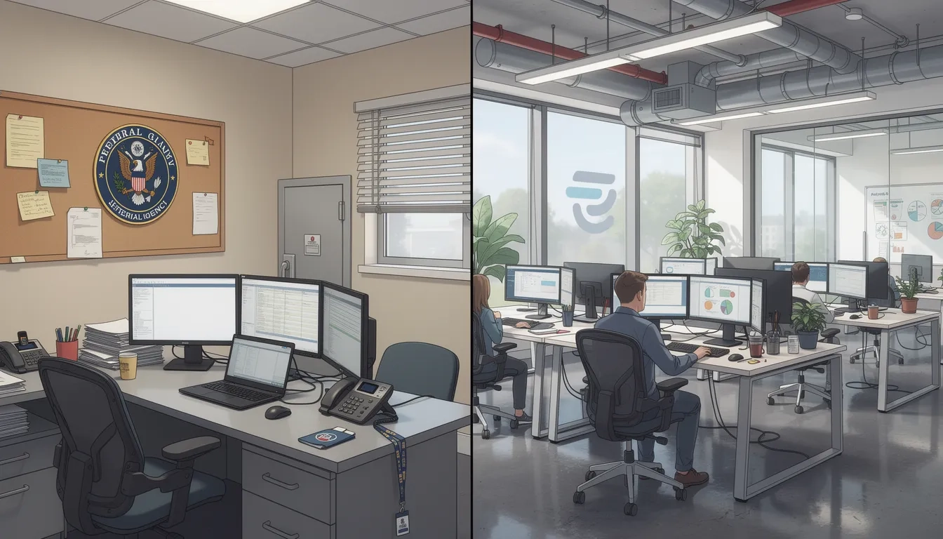 Two IT professionals working in contrasting environments: a government office and a private tech company