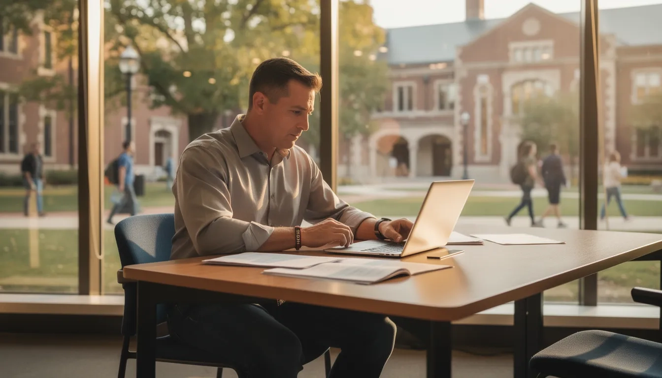 Veteran studying at a university library