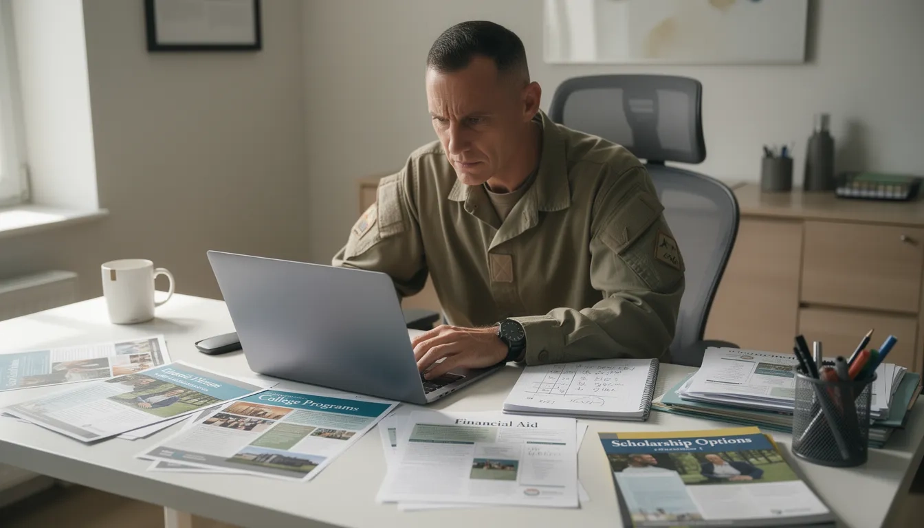 Veteran planning college funding strategy at a desk with financial documents
