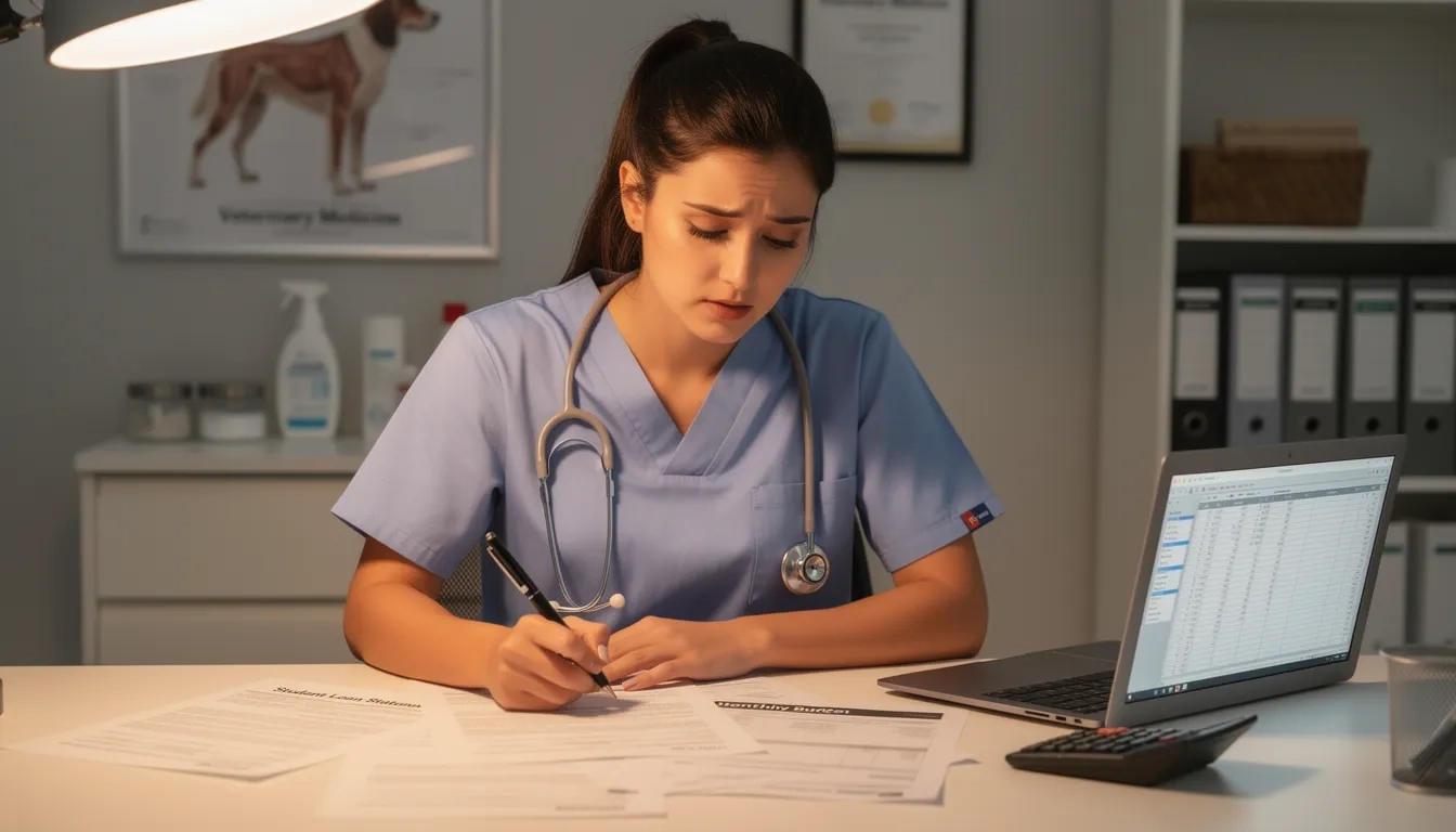 Veterinarian reviewing student loan repayment documents at a clinic desk