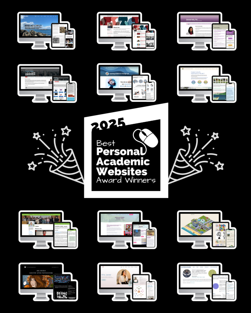 Award winners of the 2025 Best Personal Academic Websites Contest with a contest logo and tiny mockup of each website that includes a desktop, tablet, and mobile screen for each. Sized for Instagram and other social media platforms. Black background.