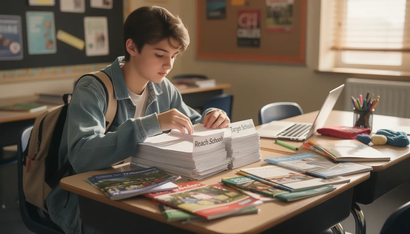 Student organizing college applications into reach, match, and safety school piles