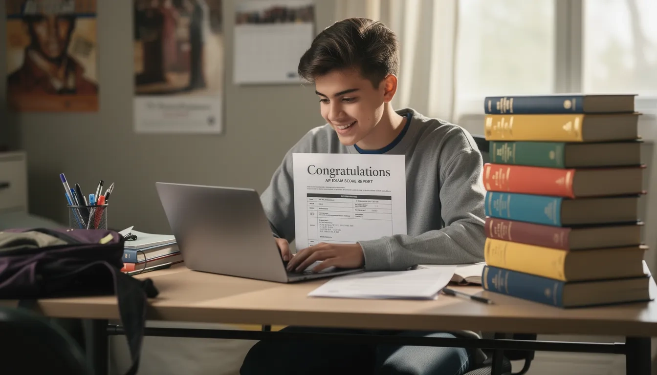 Student reviewing AP exam scores on a laptop alongside college materials