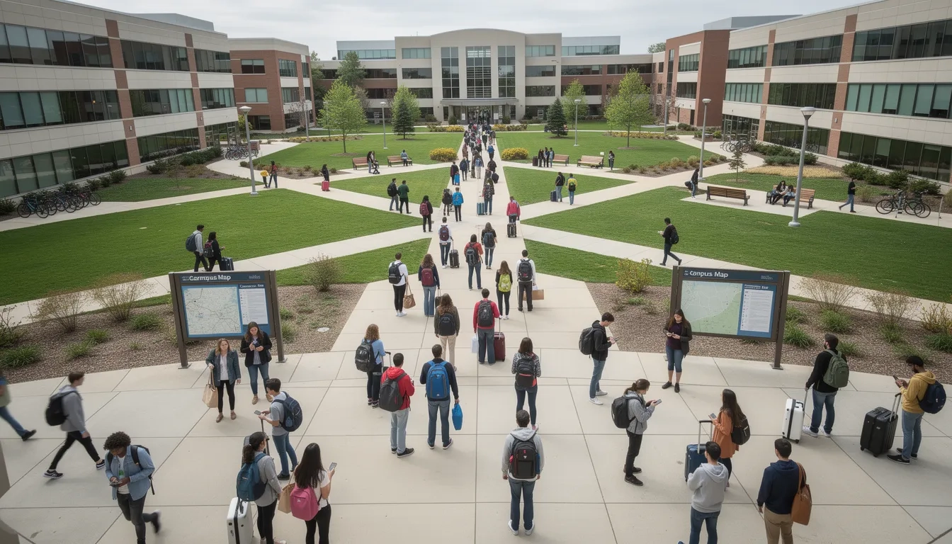 Students walking across a university campus quad